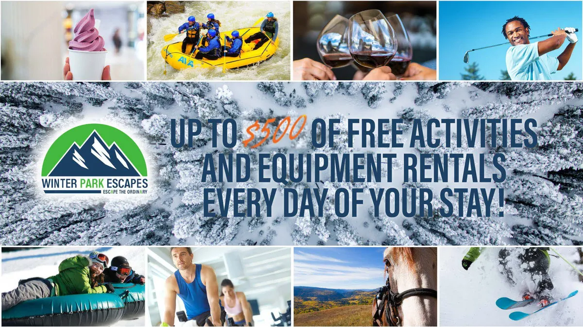 A vibrant exterior scene showcasing families engaging in a variety of outdoor activities such as rafting, skiing, horseback riding, golfing, and snow tubing. The image emanates energy and excitement, capturing both winter and summer experiences suited for all ages.