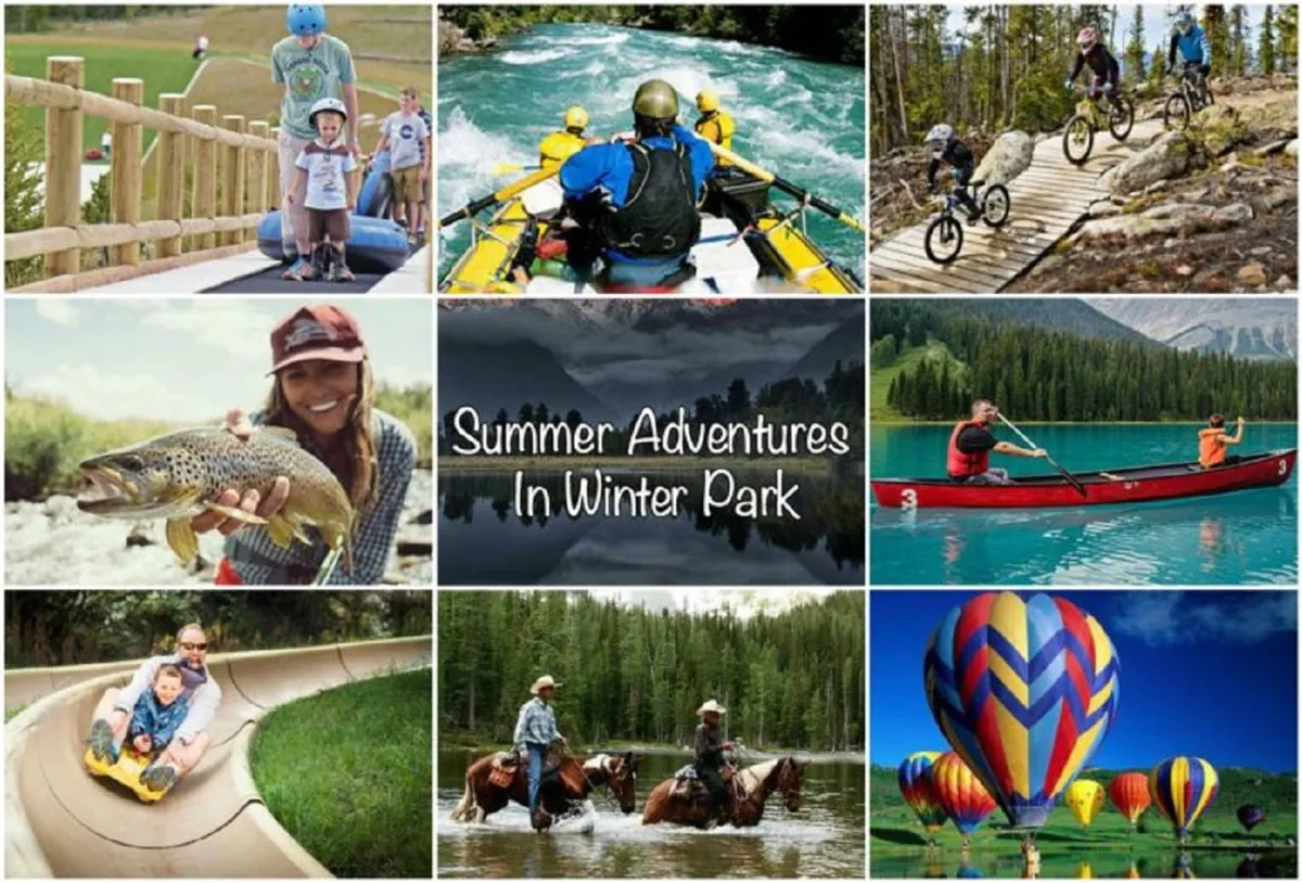 A joyful, action-filled exterior shot featuring families partaking in rafting, cycling, fishing, boating, and even hot air ballooning. The image highlights the thrill and variety of summer outdoor activities in a scenic mountain setting.