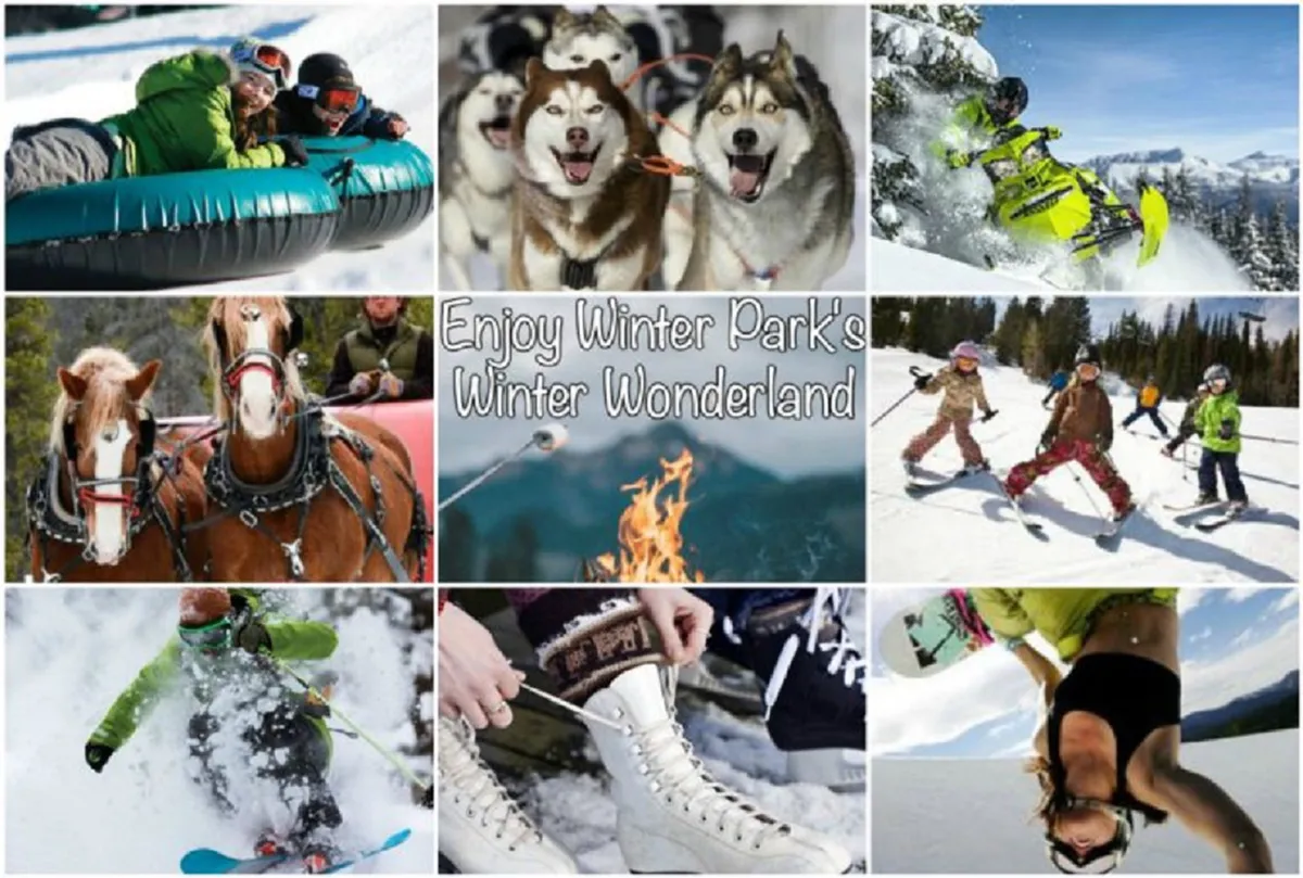 A lively winter scene featuring families and friends enjoying a variety of snow activities: snow tubing, dog sledding with Husky dogs, snowmobiling, horse-drawn carriage rides, skiing, snowboarding, and children playing in the snow. The image captures a flurry of action set against a snowy landscape, evoking the excitement of a winter adventure retreat.